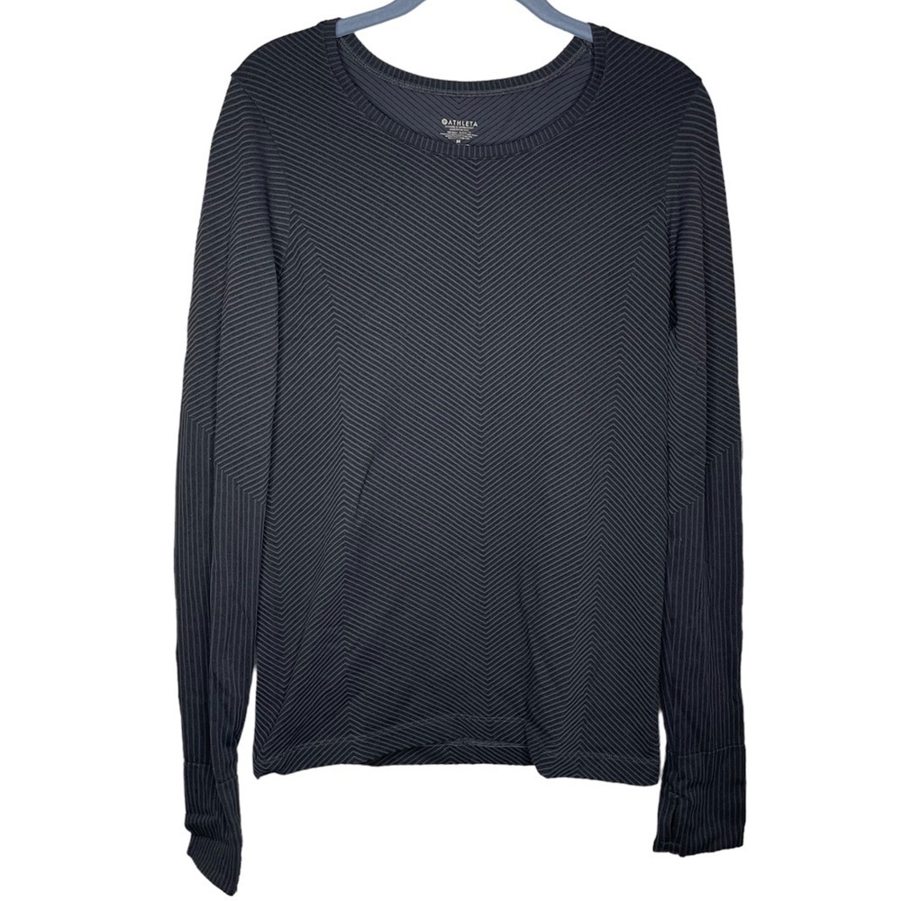 Athleta shirt long sleeve striped tee thumb holes gray athletic wear medium